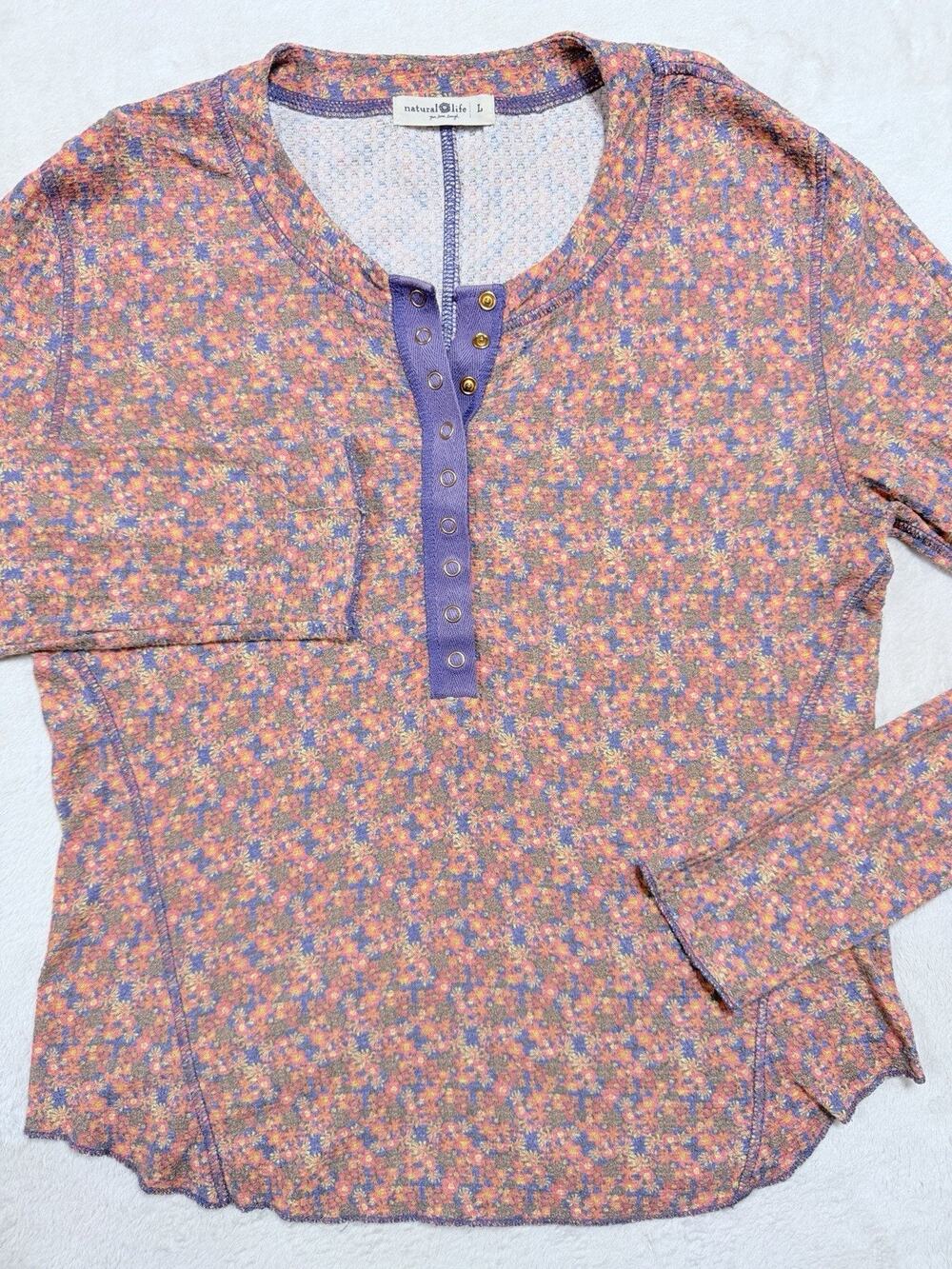 Natural Life Floral Waffle Knit Snap Henley Top Shirt Boho Cottagecore Women L